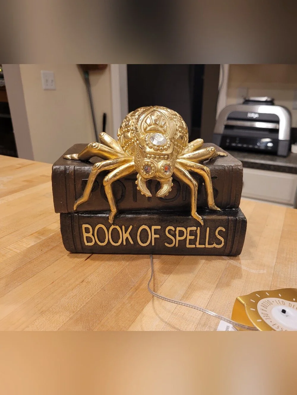 NEW Gold Decorative Spider Book Halloween Home Decor Accent with Red LED Eyes